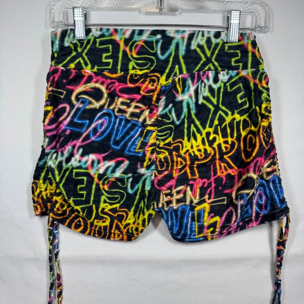 Neon Graffiti Print Shorts Festival Rave Drawstring High Waist Y2K Sz S/M No Tag